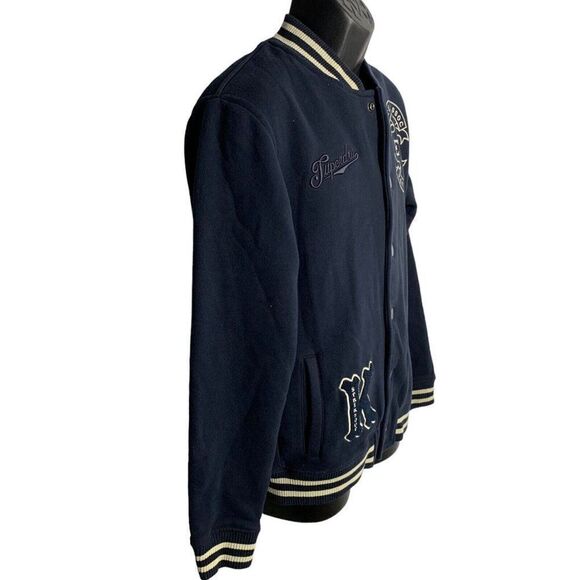 Superdry Varsity Bomber Jacket L Blue Embroidered Snaps Pockets Fleece Lined - Picture 4 of 8